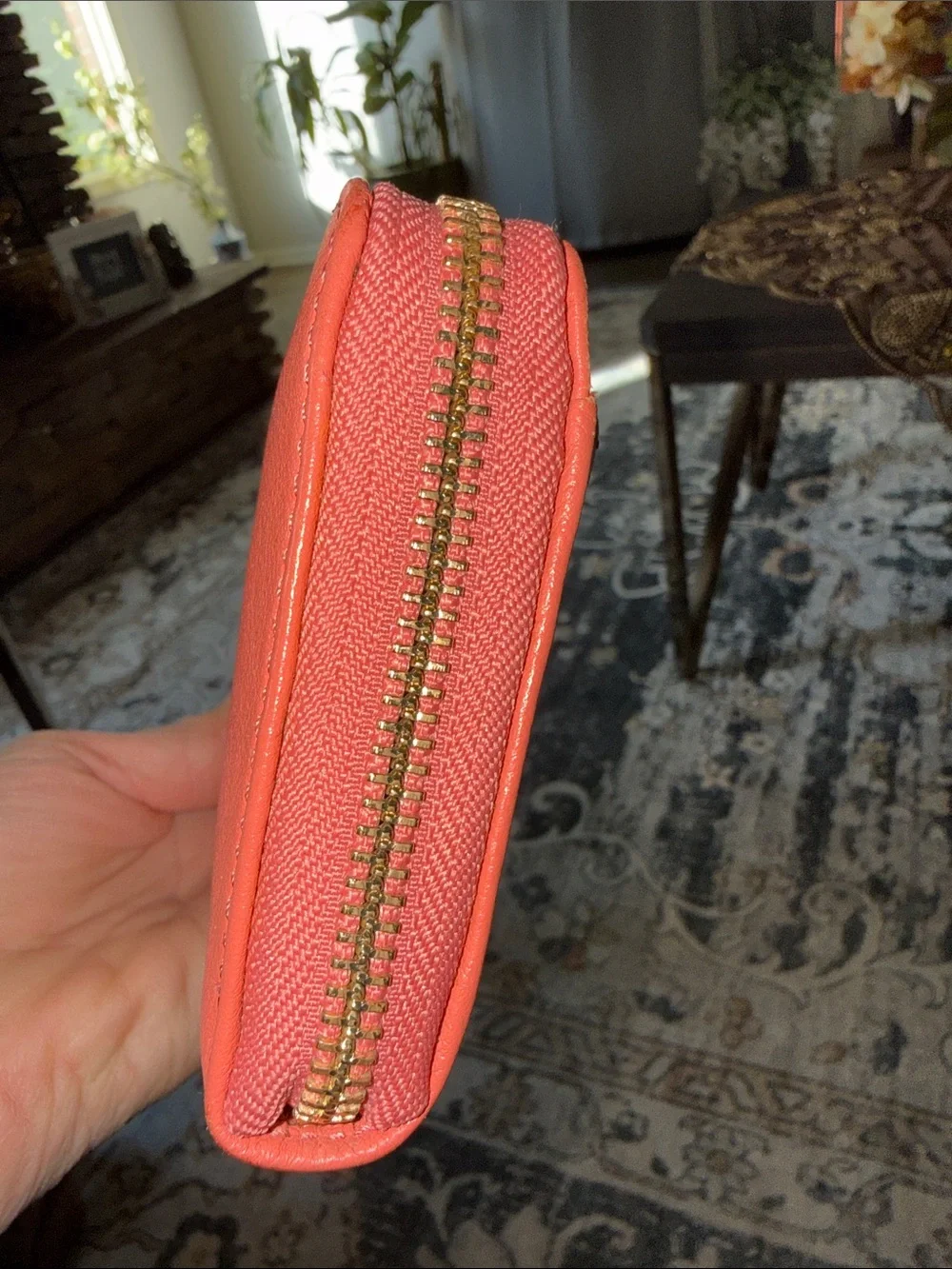 Coach Coral Zip-Around Leather Wallet with Gold Logo